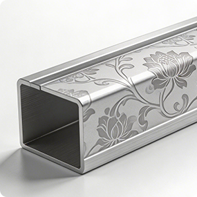 Laser engraved square metal tube with decorative surface pattern