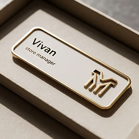 High-contrast personalised metal name badge produced with laser marking