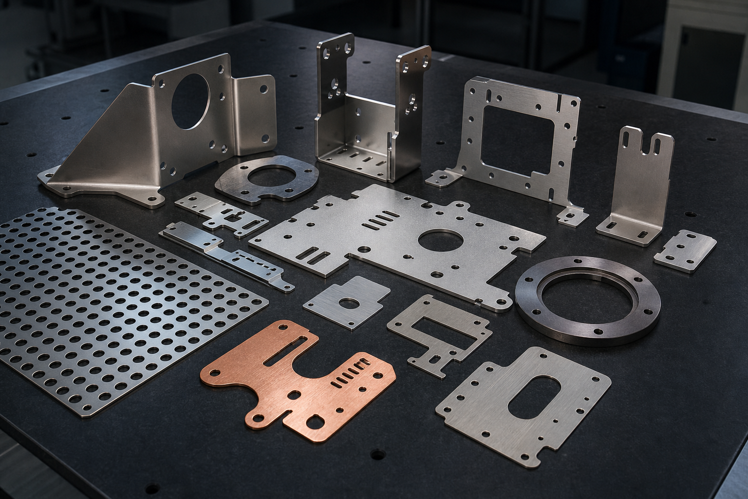 Laser-cut sheet metal parts with round holes elongated slots tabs and internal profiles