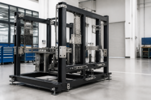 Industrial automation frame assembled from laser-cut square and rectangular metal tubes