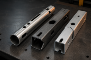 Round square and rectangular laser-cut metal tube samples with holes slots and notches