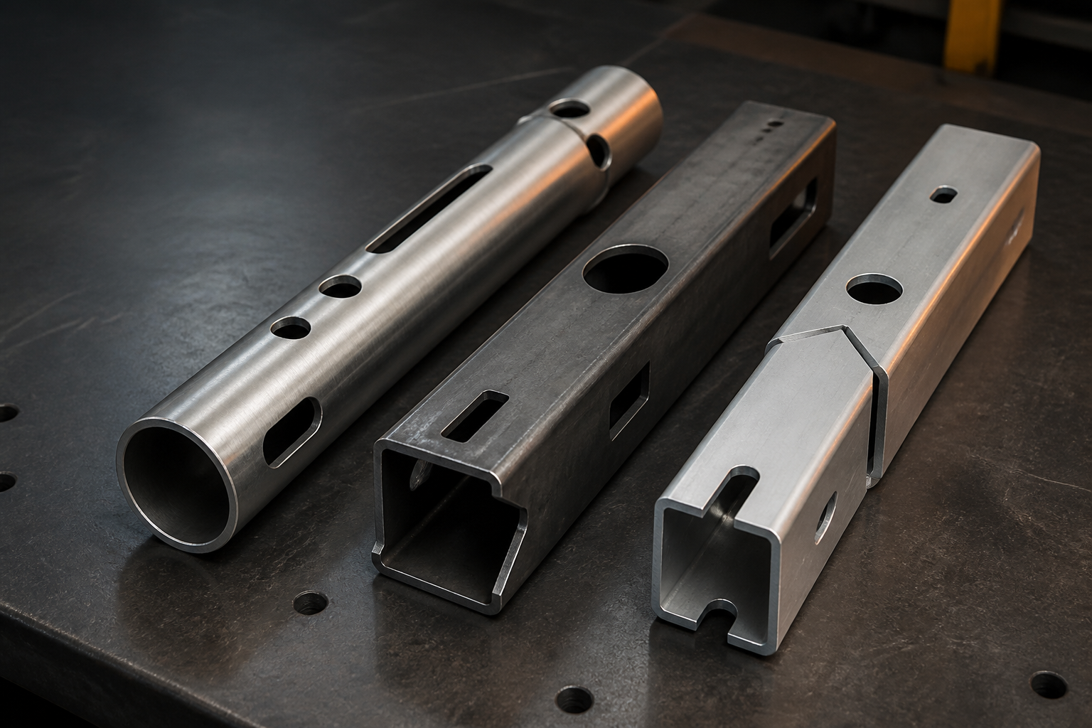 Round square and rectangular laser-cut metal tube samples with holes slots and notches