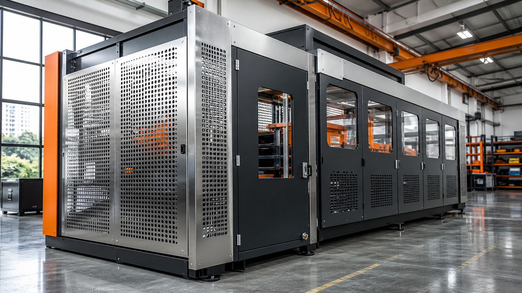 Illustrative automation enclosure and guarding assembly fabricated from laser-cut and bent sheet metal