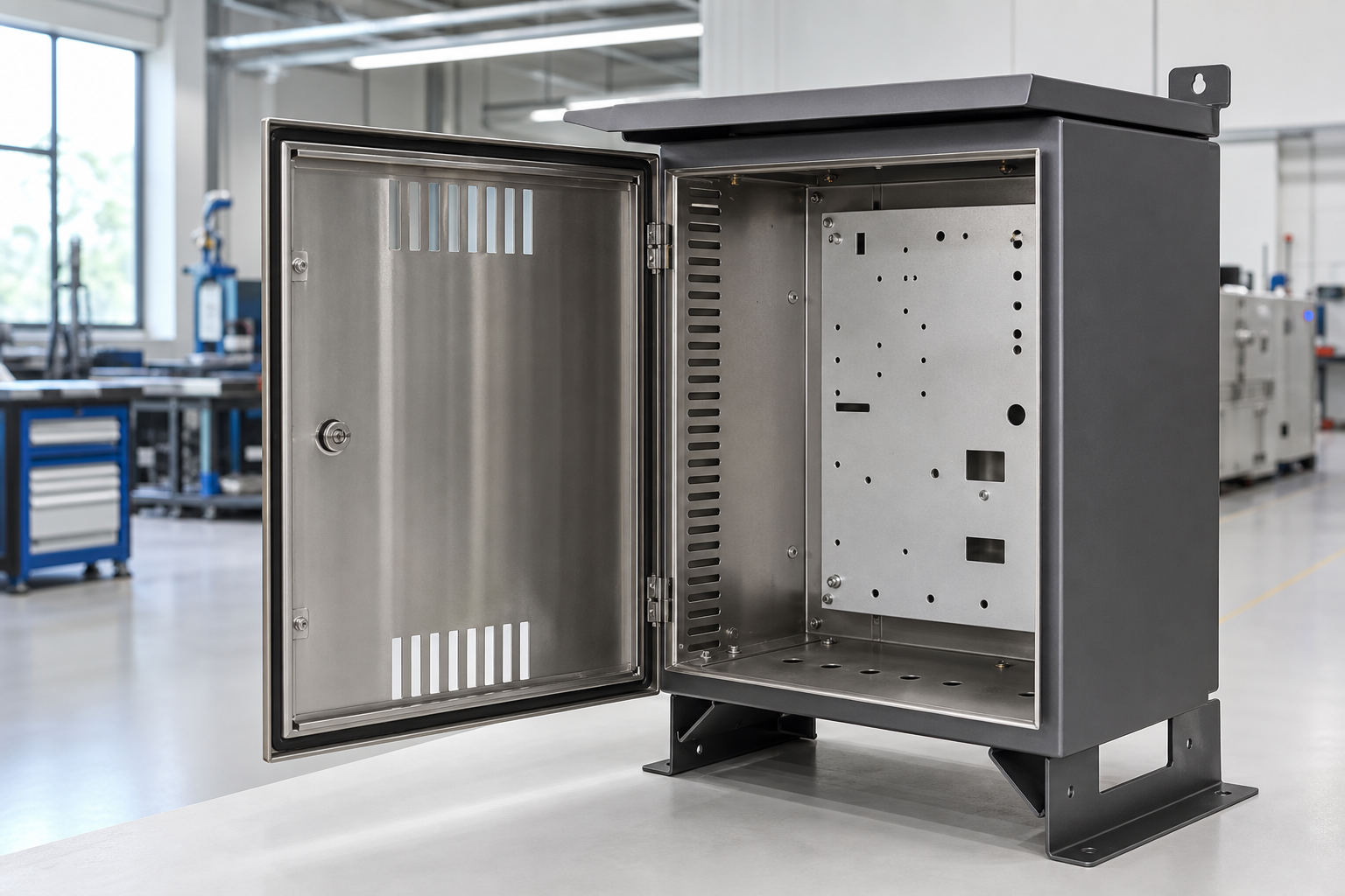 Finished sheet metal enclosure assembled from laser-cut and bent panels with holes slots and tabs