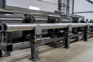 Industrial assembly fabricated from precision-cut metal tube components